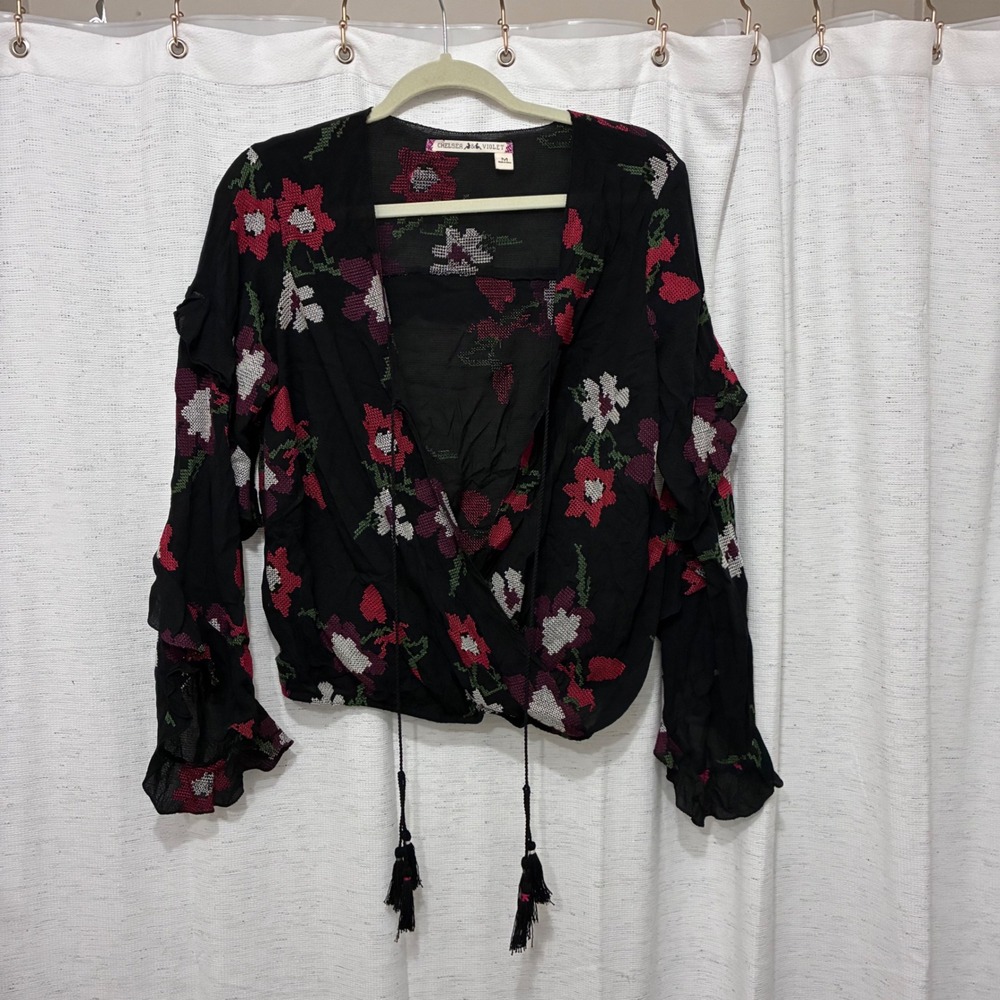 Chelsea & Violet Black Floral Cross Stitch Embroidered Wrap Top Tassel Cuffs M